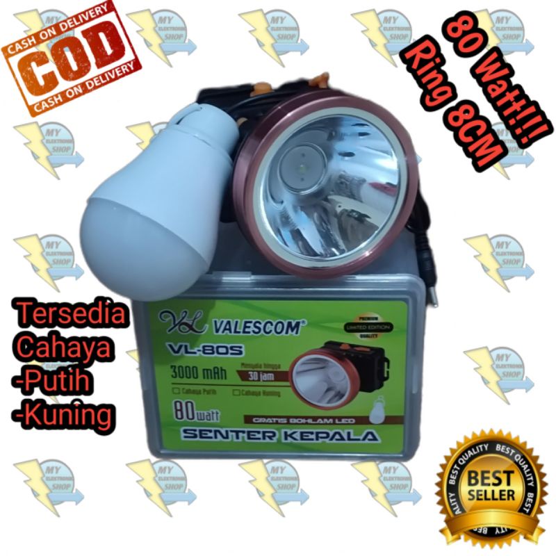 Senter Kepala LED 80Watt Free bohlam DC Headlamp 80 Watt LED CAHAYA PUTIH/KUNING VALESCOM 80W LED VL-80S