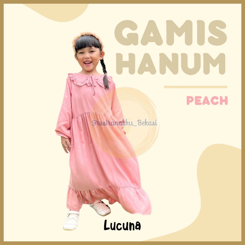 Gamis Rayon Anak Hanum Lucuna Warna Peach  Size 2-10 Thn