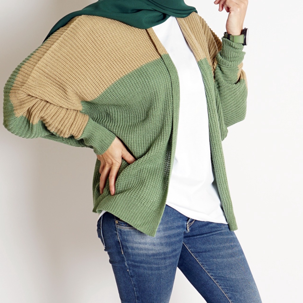 CARDIGAN BATWING RAJUT OVERSIZE PREMIUM / KOMBINASI / MOCCA APLIKASI MINT