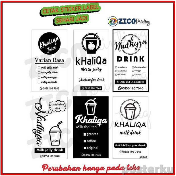 

CETAK STIKER LABEL.STIKER PRODUK KEMASAN MINUMAN A3+ TRANSPARAN ANTI AIR + CUTTING COD