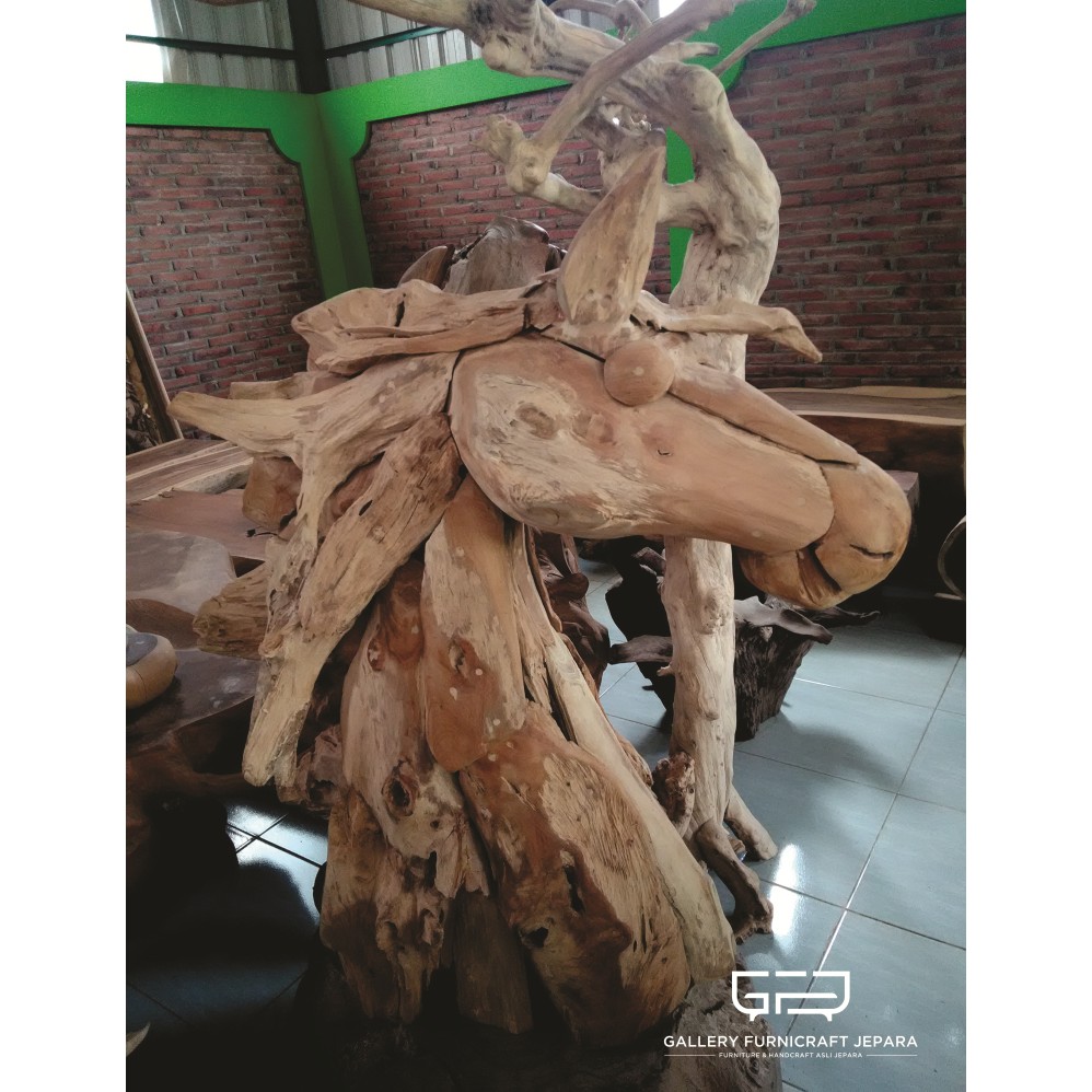 Patung Kepala Kuda Kayu Jati Tempel