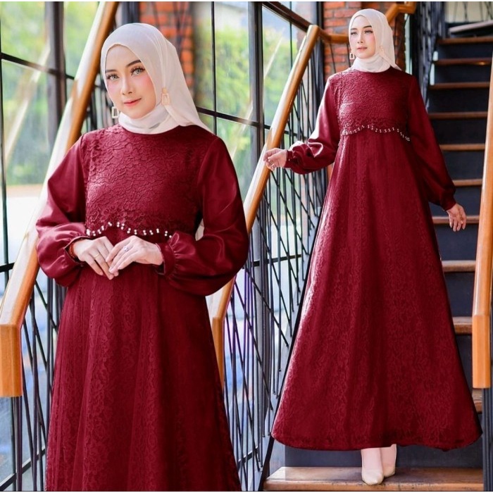NEW - Maxi Dress Wanita Gaun Pesta Brokat Gamis Muslim Brukat Panjang Cantik - Maroon