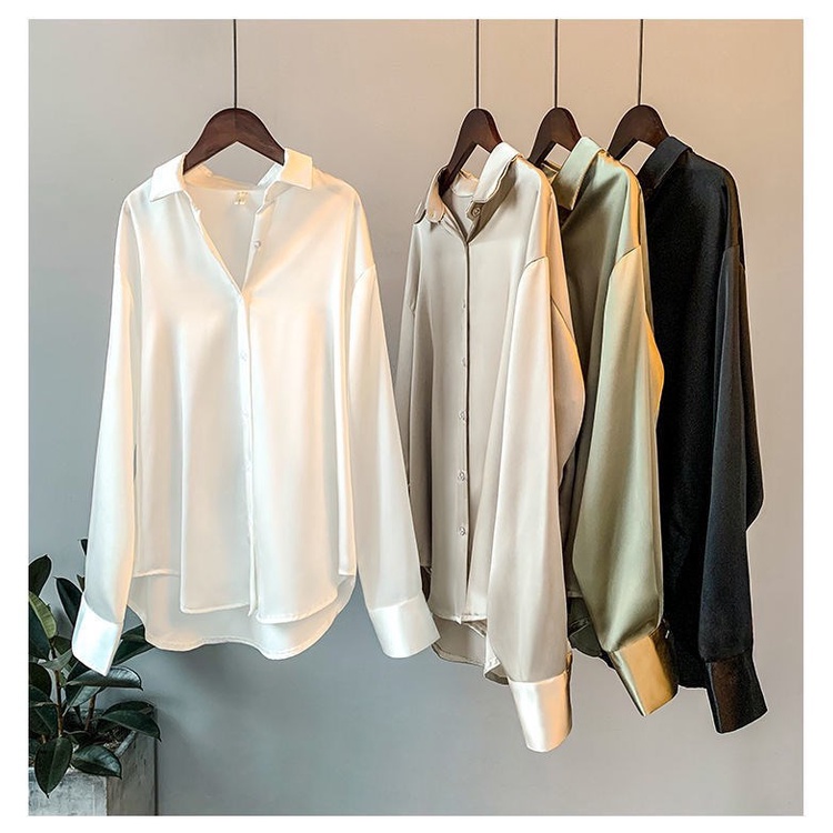 New Fashion Satin Shirt Women Black White Green KEMEJA SATIN PREMIUM atasan korea putih hitam wanita