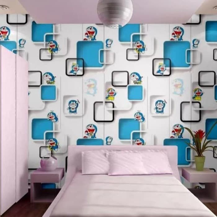 WALLPAPER DINDING MURAH / WALLPAPER MOTIF DORAEMON KOTAK HITAM BIRU 3D 45 CM x 9 - 10 M