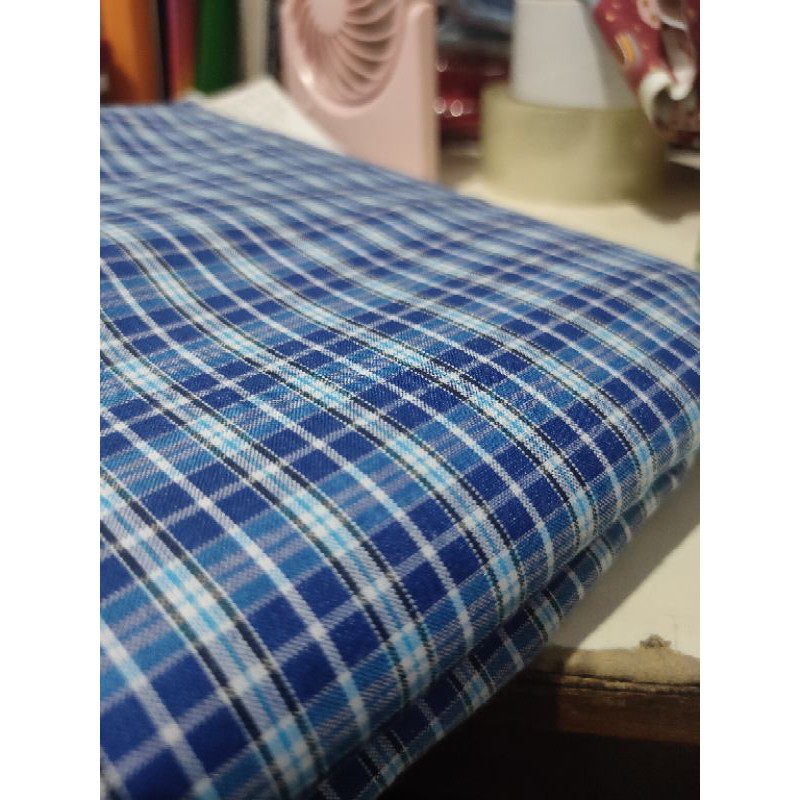 bahan kain kotak yandet yarndyed biru seragam kemeja blue terang sekolah kantor rok yard gulungan