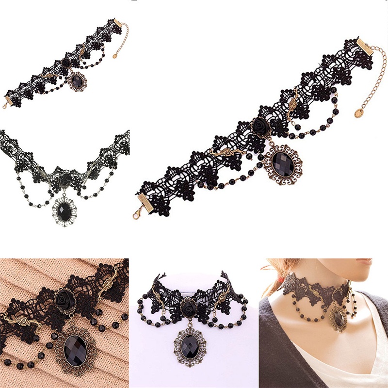 Lolita Kalung Choker Bahan Lace Motif Bunga Mawar Warna Hitam Gaya Gothic Untuk Wanita