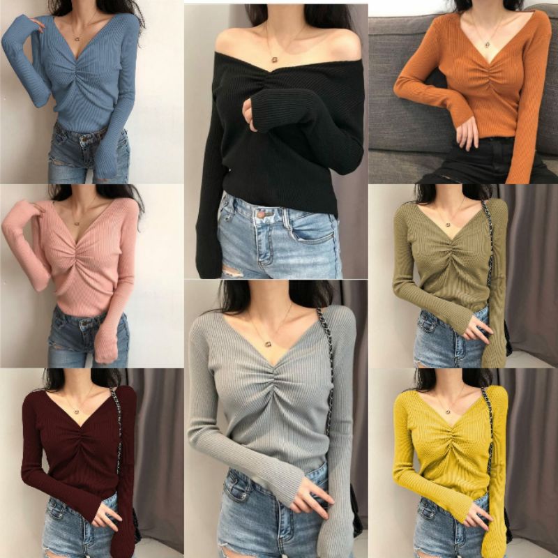 ATASAN RAJUT LENGAN PANJANG LEHER VNECK BAJU RAJUT MANDY PJ RAJUT 8 WARNA 12
