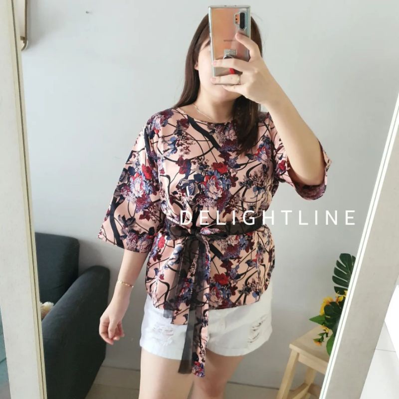 RIBBON BOW TIED TOP BLOUSE WANITA BLACKOUT DELIGHTLINE - MOTIF SAKURA FLOWER - LENGAN PANJANG 7/8-SAKURA PINK BLUE RED