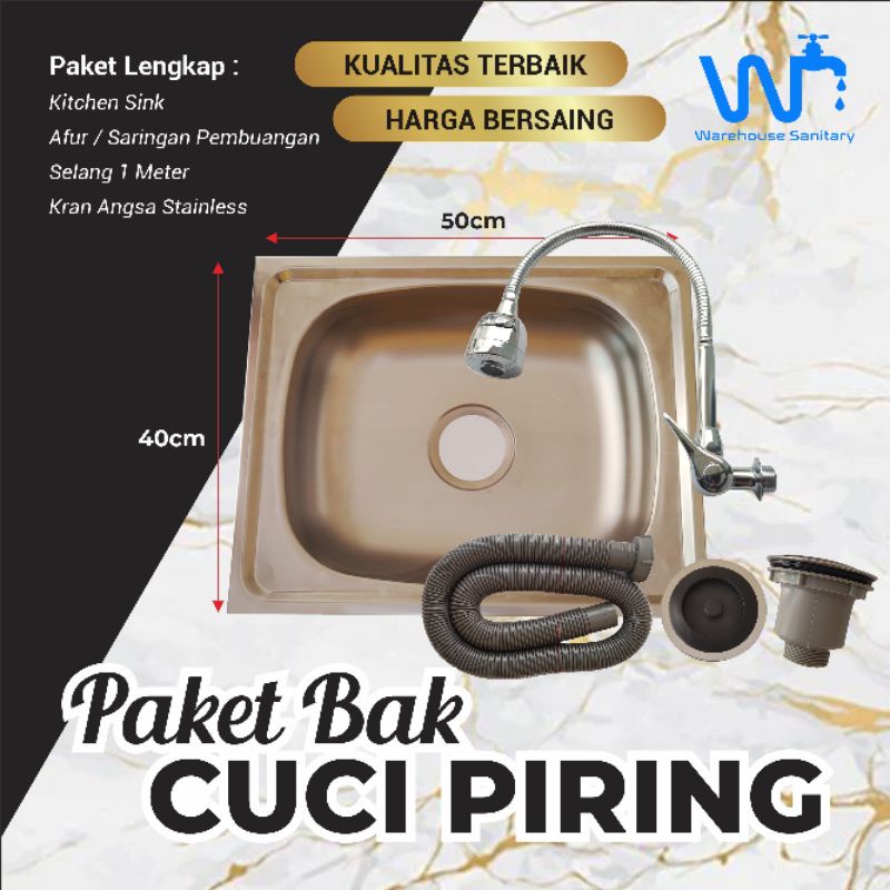 Paket Bak Cuci Piring Single 50cm x 40cm / Kitchen Sink Stainless SET