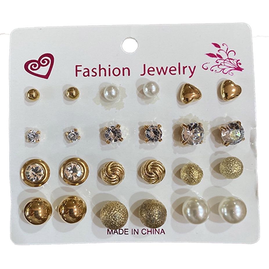 ⭐COD 12 Pasang Anting Set Tusuk Model Mutiara Intan Bentuk Bulat Gaya Korea Untuk Wanita Dalika-H