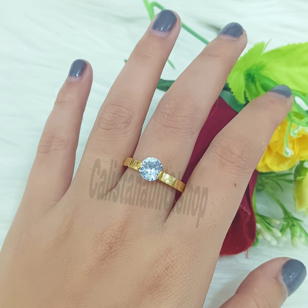 CINCIN TITANIUM DESAIN PERMATA SINGLE ELEGAN PERHIASAN EMAS KOREA ANTI KARAT DAN ANTI LUNTUR (COD)