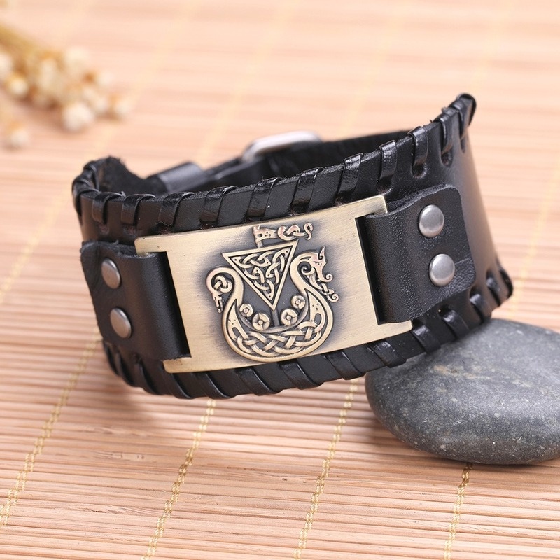 [Z H Perhiasan] Hip Hop Rock Retro Pria Fashion Stainless Steel Viking Rune Gelang Kulit Pesta Perhiasan Aksesoris