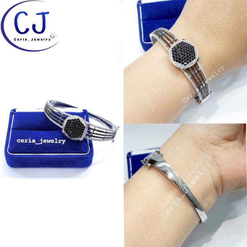 Gelang Perak Asli Silver 925 Lapis Emas Putih Model Bangle MataHitam - Perhiasan Perak Wanita