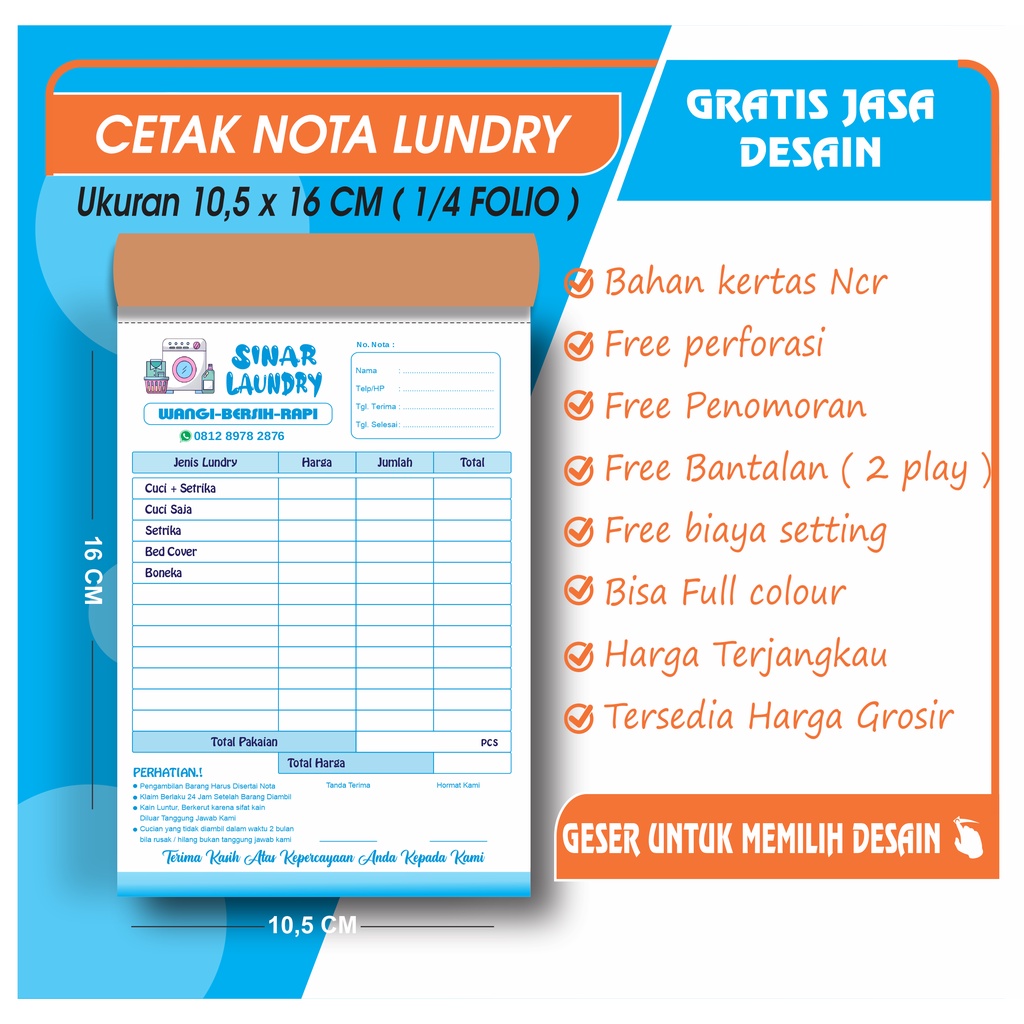 

Nota custom laundry 2 play ukuran 1/4 Folio / 10x16 cm nota penjualan nota laundry custom nota laundry 2 play