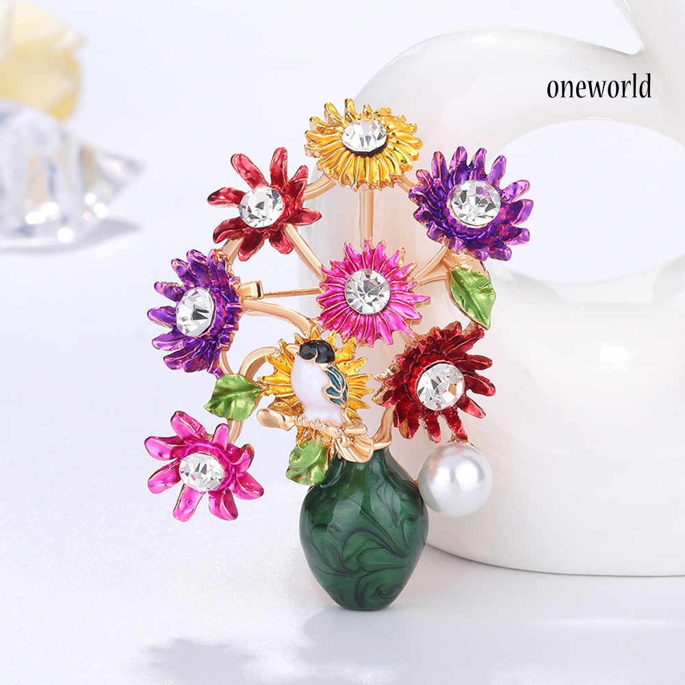 OW@ Fashion Women Flower Vase Rhinestone Inlaid Brooch Pin Corsage Lapel Jewelry