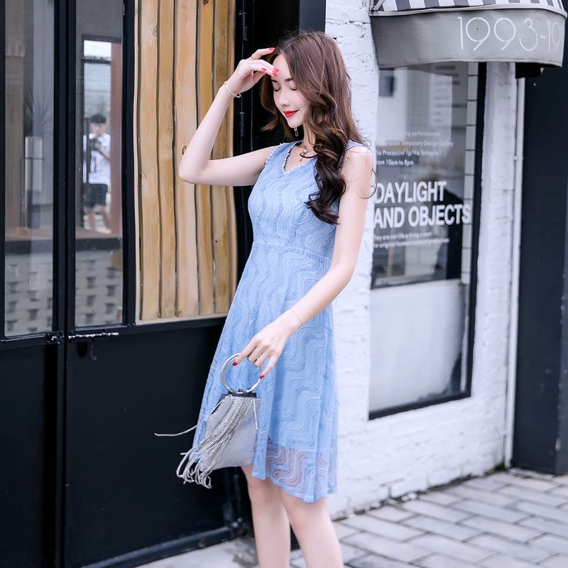 Ins Dress Midi Korea V-Neck Tanpa Lengan High Waist Bahan Lace Warna Biru untuk Wanita