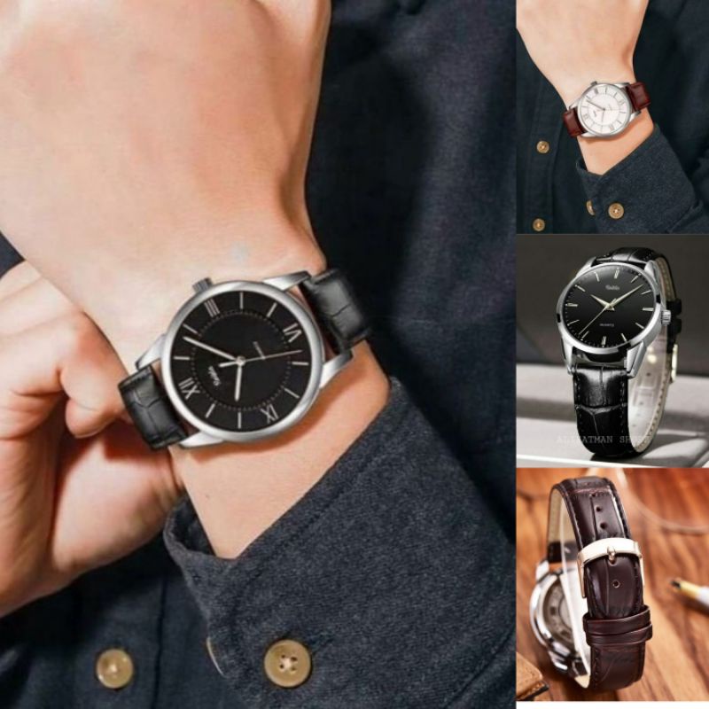 Jam Tangan Pria Tali Kulit Simple Mewah Anti Air Water Resistance Original Terbaru Free Batrai Cadangan | Jam Tangan Kasual Pria Analog Kuarsa Strap Kulit Promo