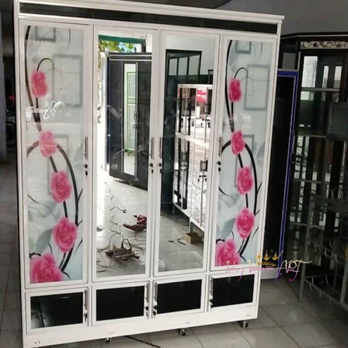 Lemari Baju Kaca / Pakaian Pintu 4 Mebel Alumunium Kaca Motif Bunga
