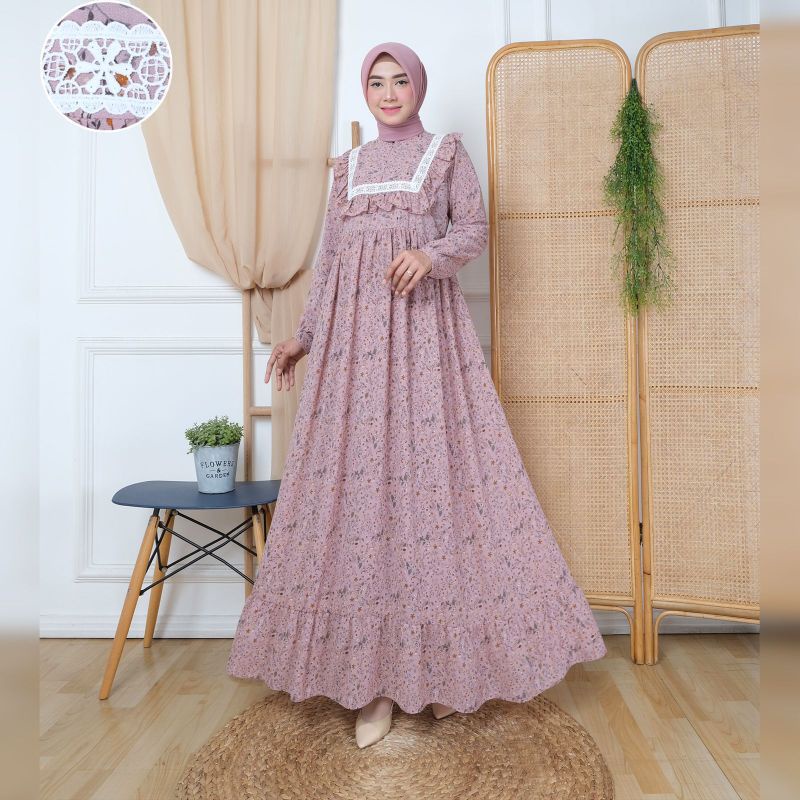 Gamis ceruty motif bunga renda ruffle
