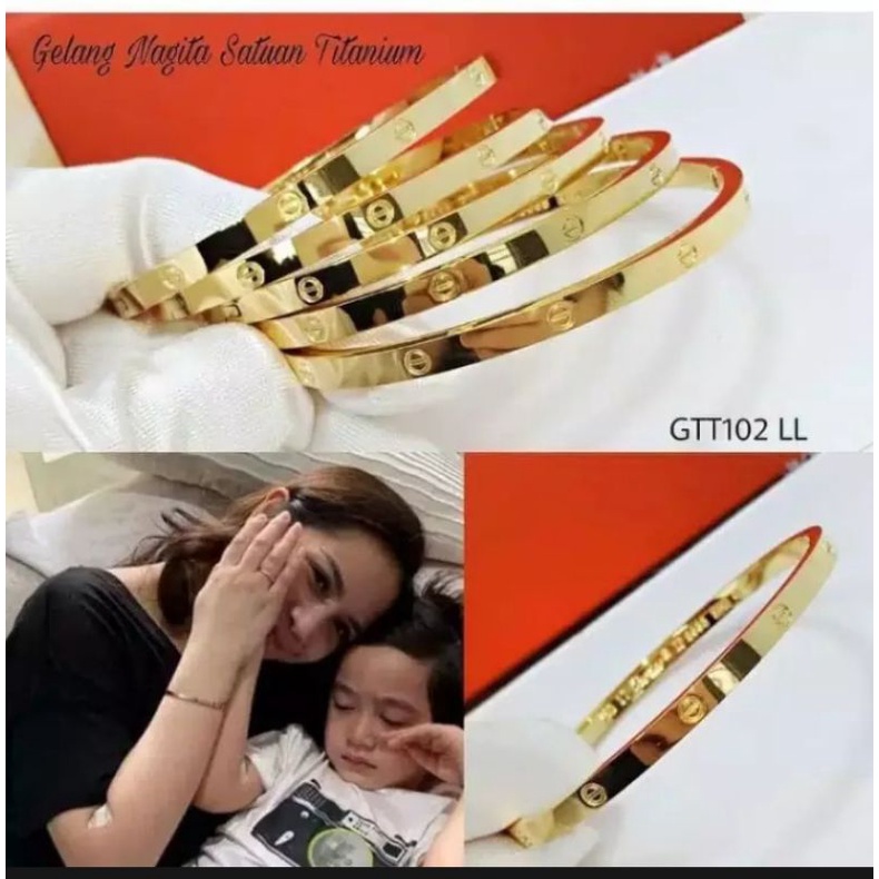 Gelang titanium asli anti luntur anti karat,gelang Nagita Slavina, perhiasan fashion wanita terbaru, perhiasan mirip mas asli, perhiasan berlapis emas 24 k, gelang wanita import