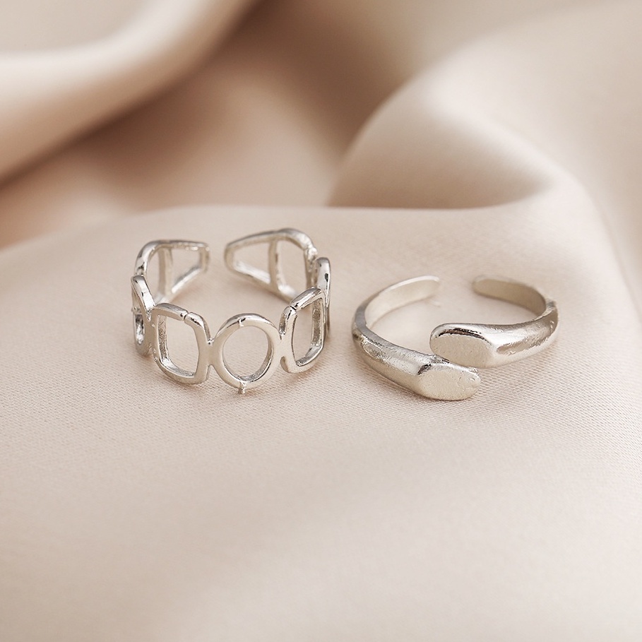 2pcs / Set Cincin Model Terbuka Bahan Metal Desain Geometri Hollow Warna Silver Gaya Simple / Trendy Adjustable Untuk Wanita