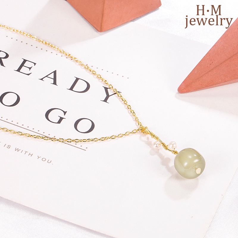 2022 Kalung Rantai Clavicle Simple Dengan Liontin Batu Giok Hetian + Mutiara Untuk Wanita