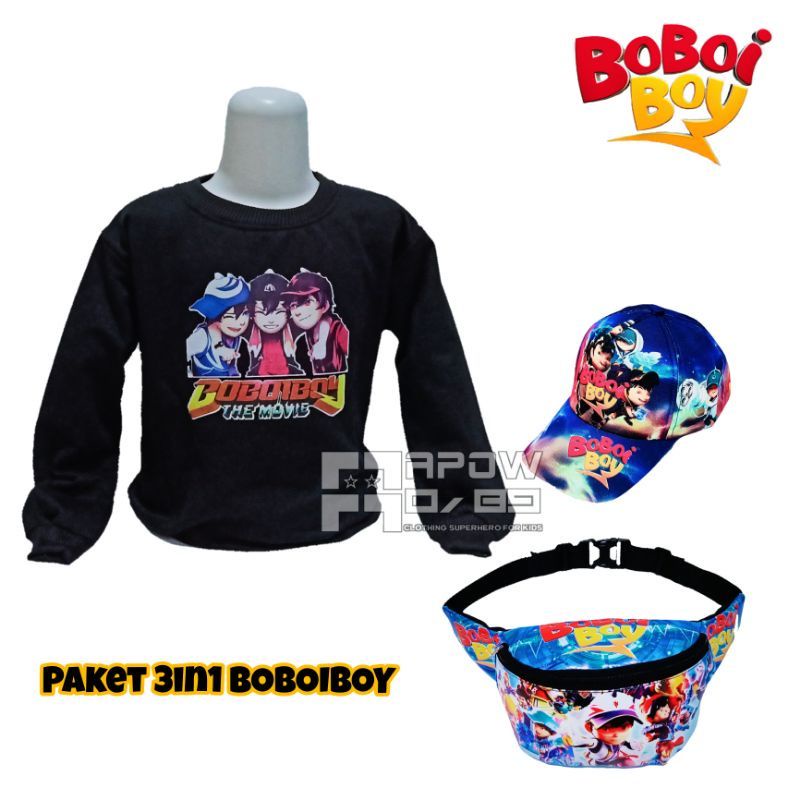 Paket 3in1 sweater Anak Boboiboy | free waistbag anak + topi Boboiboy