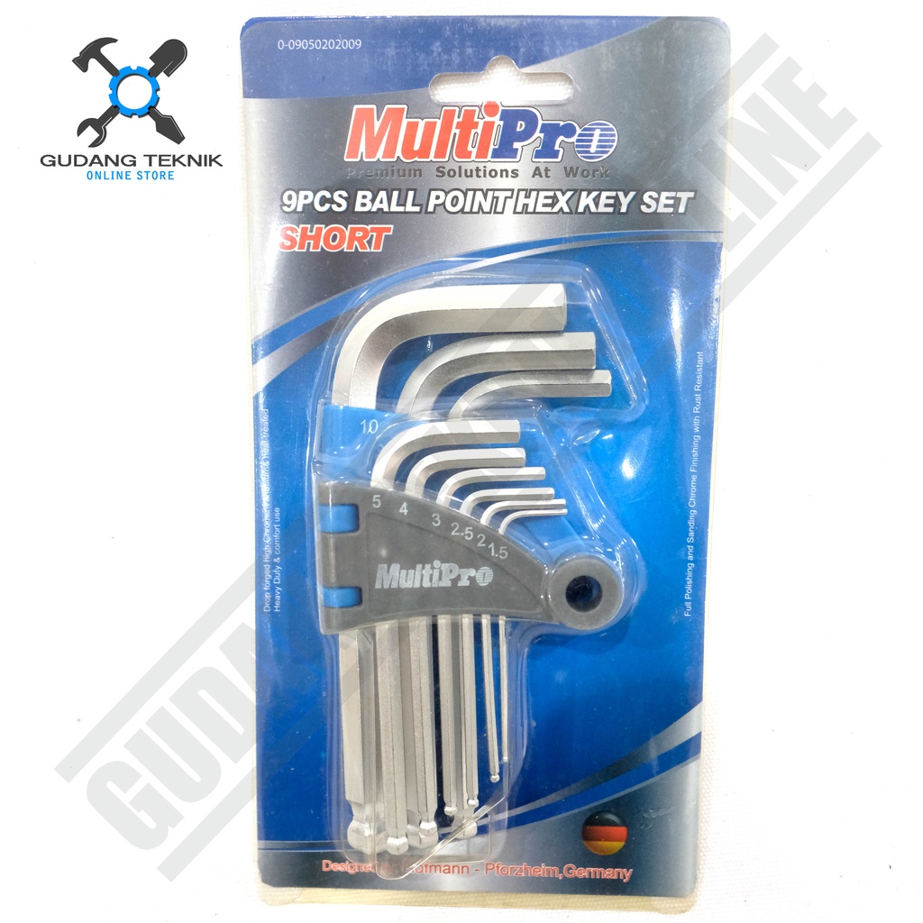 Kunci L Set Pendek 9pcs Segi 6 MULTIPRO BA23.2009 / Ball Point Hex Key Set Kunci L Pendek Segi Enam