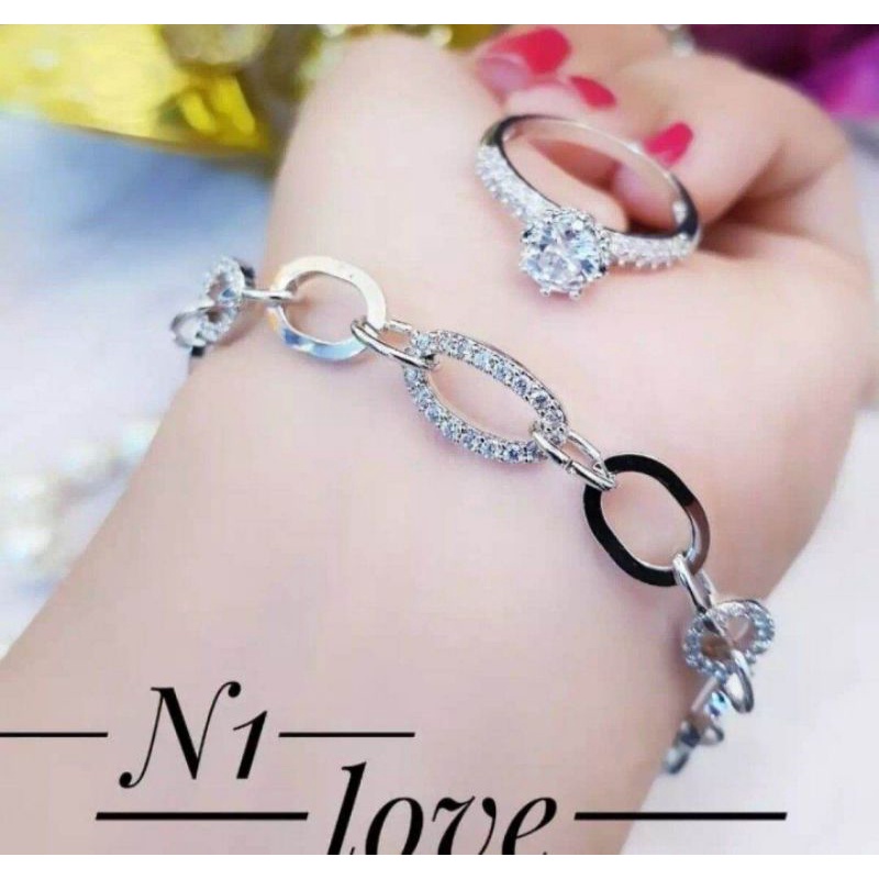 set gelang kapsul dan cincin permata cantik silver fashion wanita titanium original anti luntur dan karat