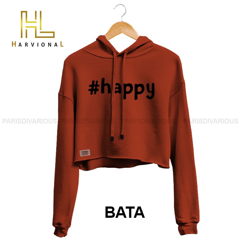 SWEATER CROP HOODIE HAPPY BAHAN FRENCHTERRY TERLARIS