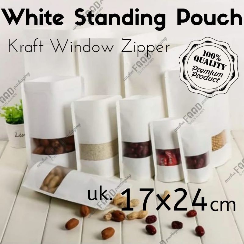 

Kemasan paper bag WHITE kraft putih standing pouch window klip 17x24cm