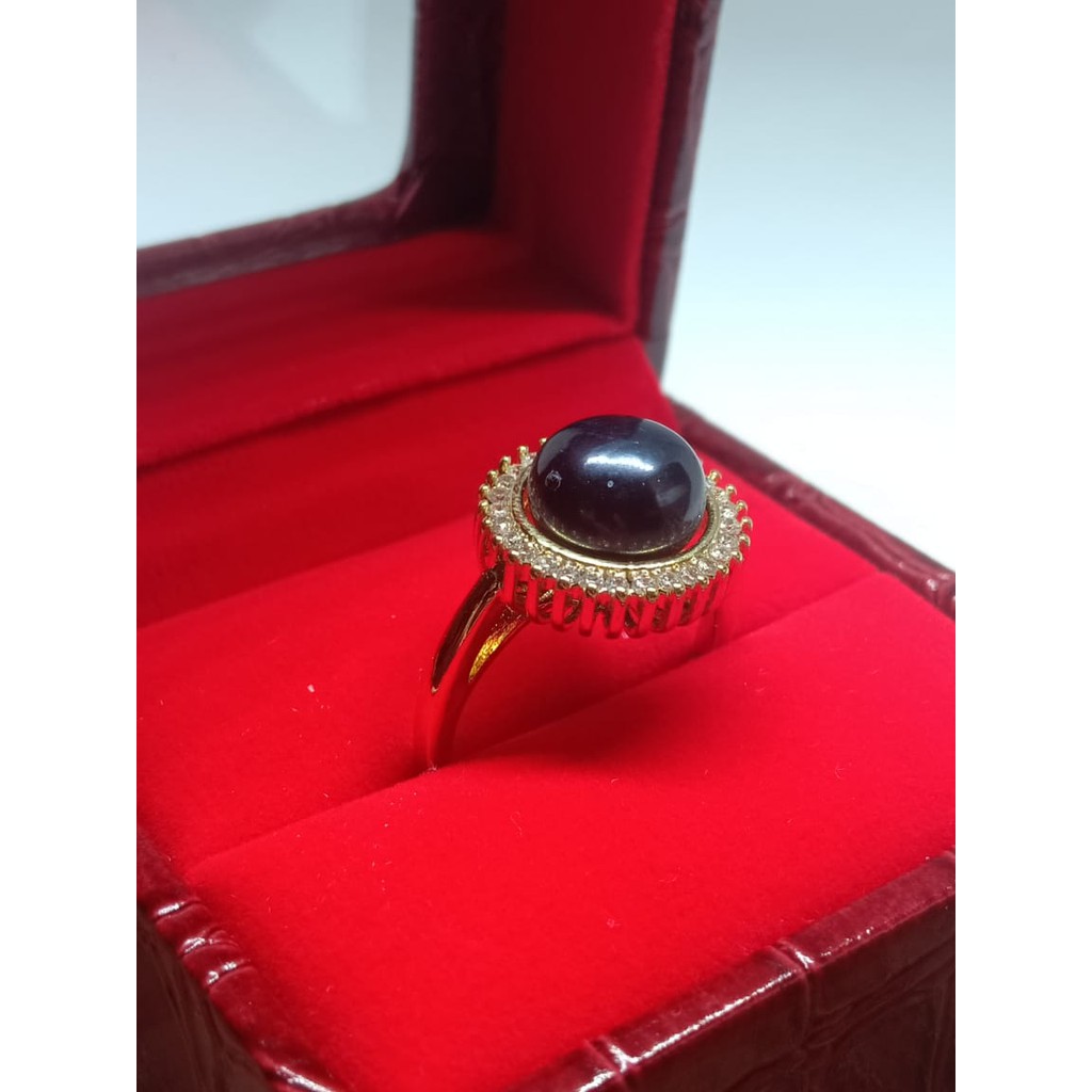 Cincin Rhodium Matahari Mutiara Air Tawar Hitam Free Kotak Cincin Kulit Kaca