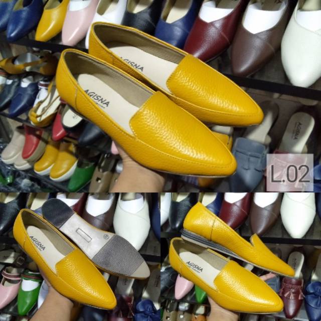 Sepatu Flat Shoes Kulit Asli Garut Wanita Kuning Hijau Biru