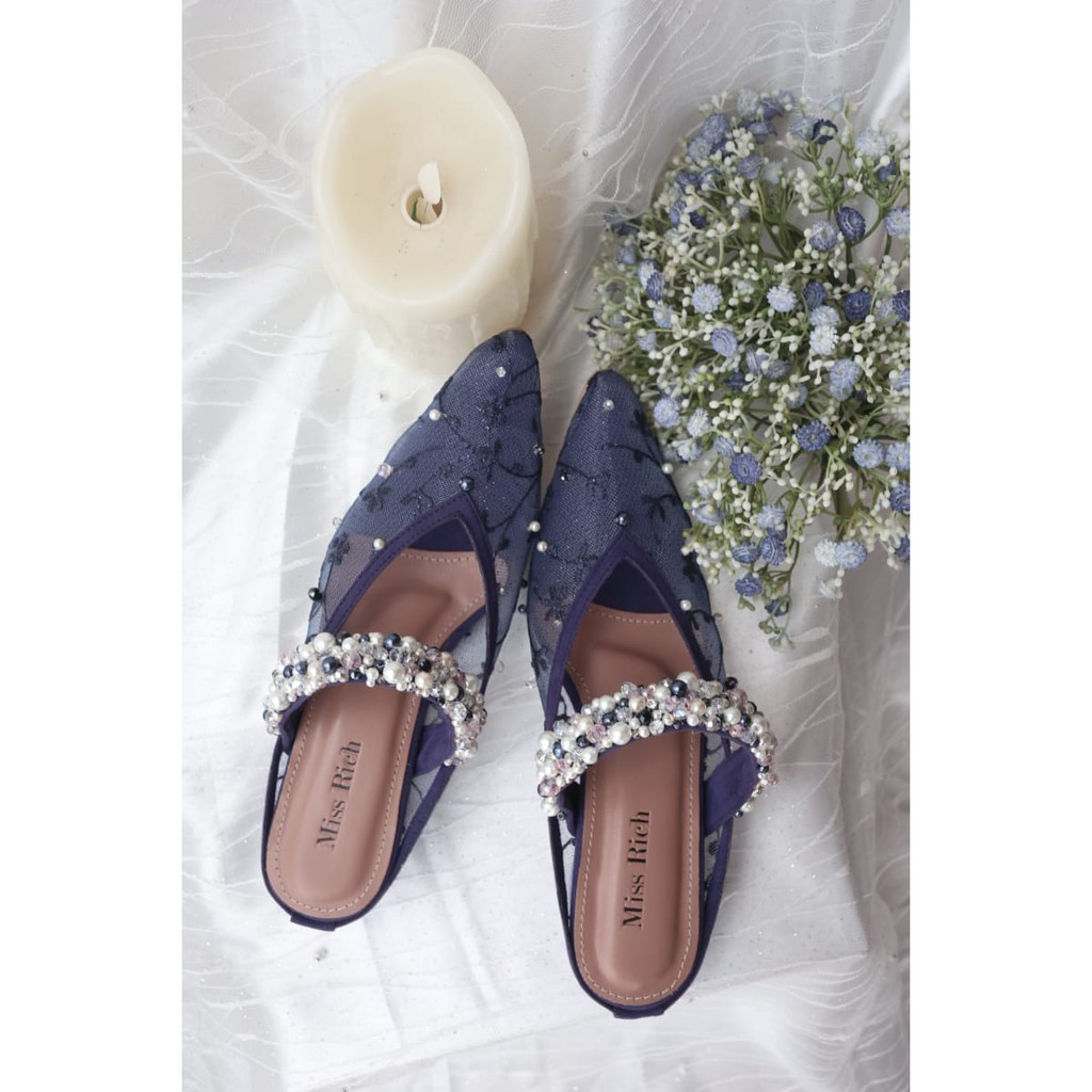 Sepatu sandal selop wedges heels pesta pengantin wedding wanita brukat payet biru navy