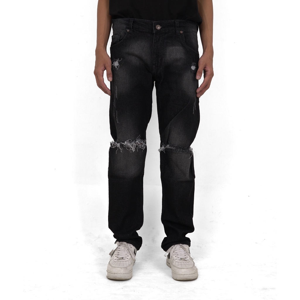 Celana Denim Jeans Ripped Wash Black Sobek Sobek