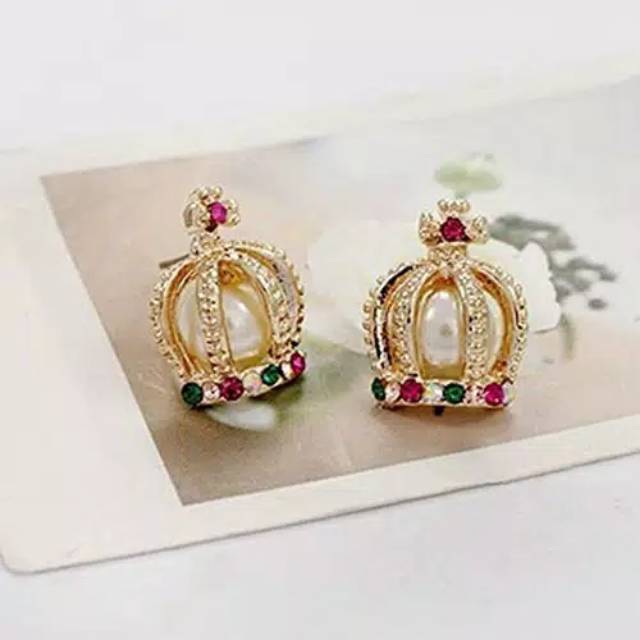 Anting mahkota mutiara permata warna warni korea anting stainless earings crown pearl WAWI