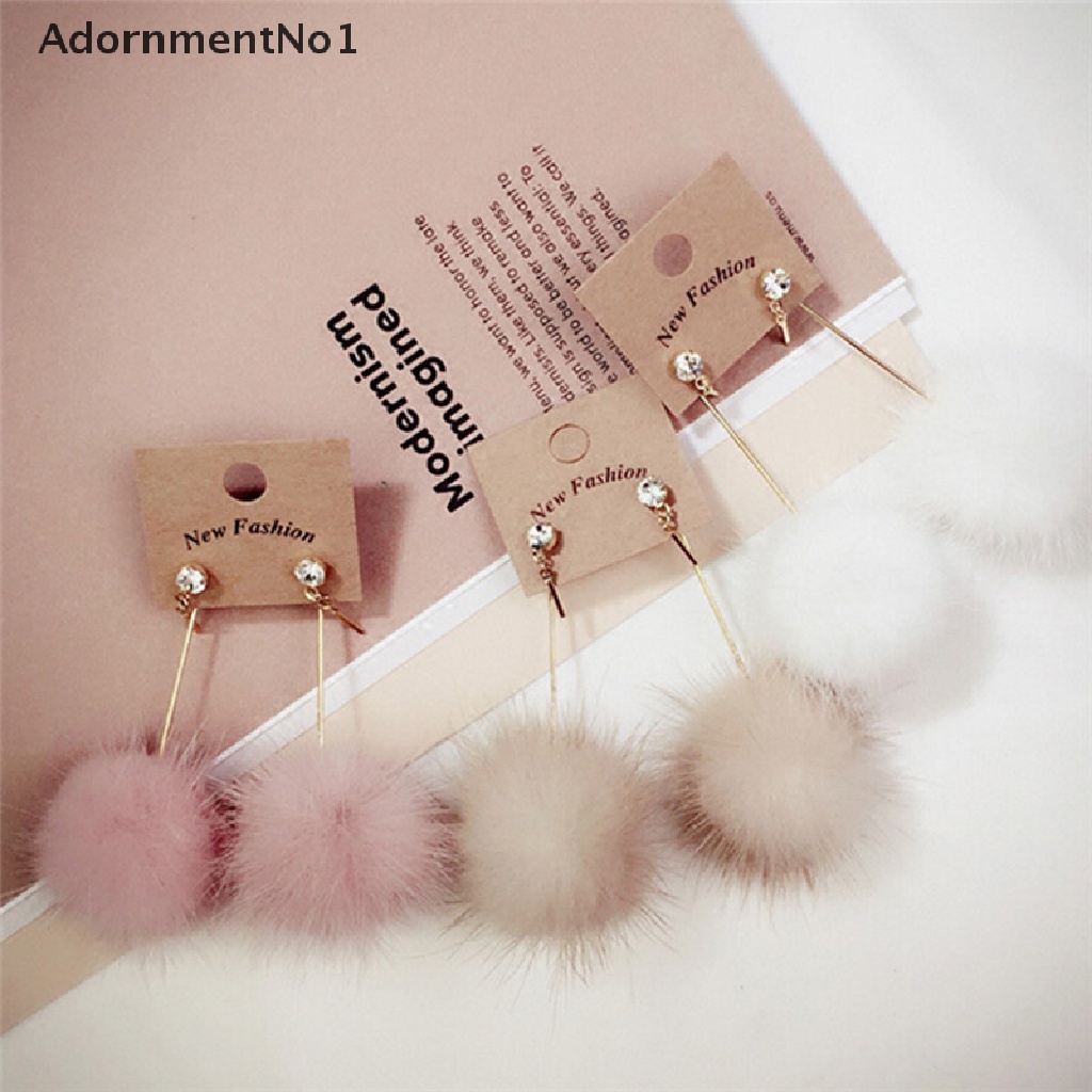 (AdornmentNo1) Anting Tusuk Gantung Panjang Desain Bola Pompom Bulu Lembut Untuk Wanita