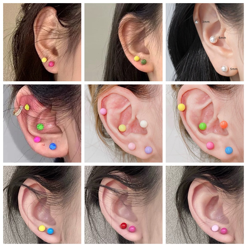 12 Pasang Anting Stud Tindik Tulang Rawan Aksen Mutiara Imitasi Warna-Warni Ukuran 4 / 6 / 8mm 20g Untuk Wanita