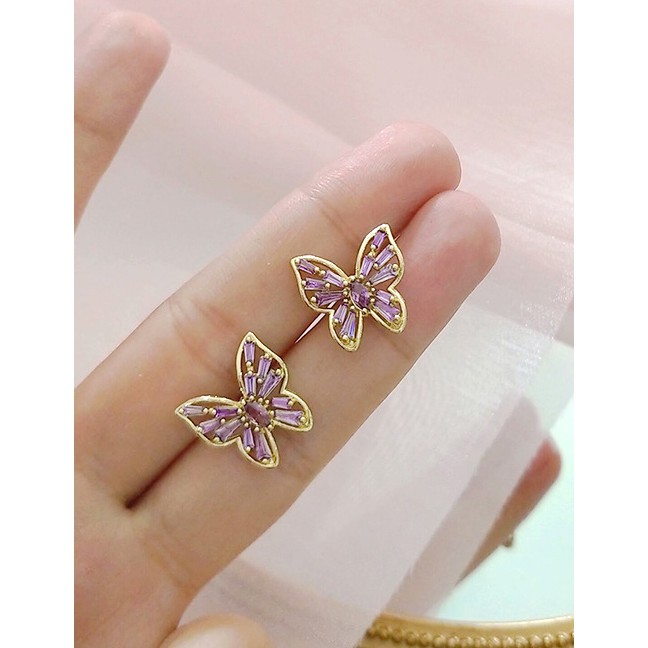 LRC Anting Tusuk Fashion Purple Transparent Crystal Butterfly Alloy Earrings K49011