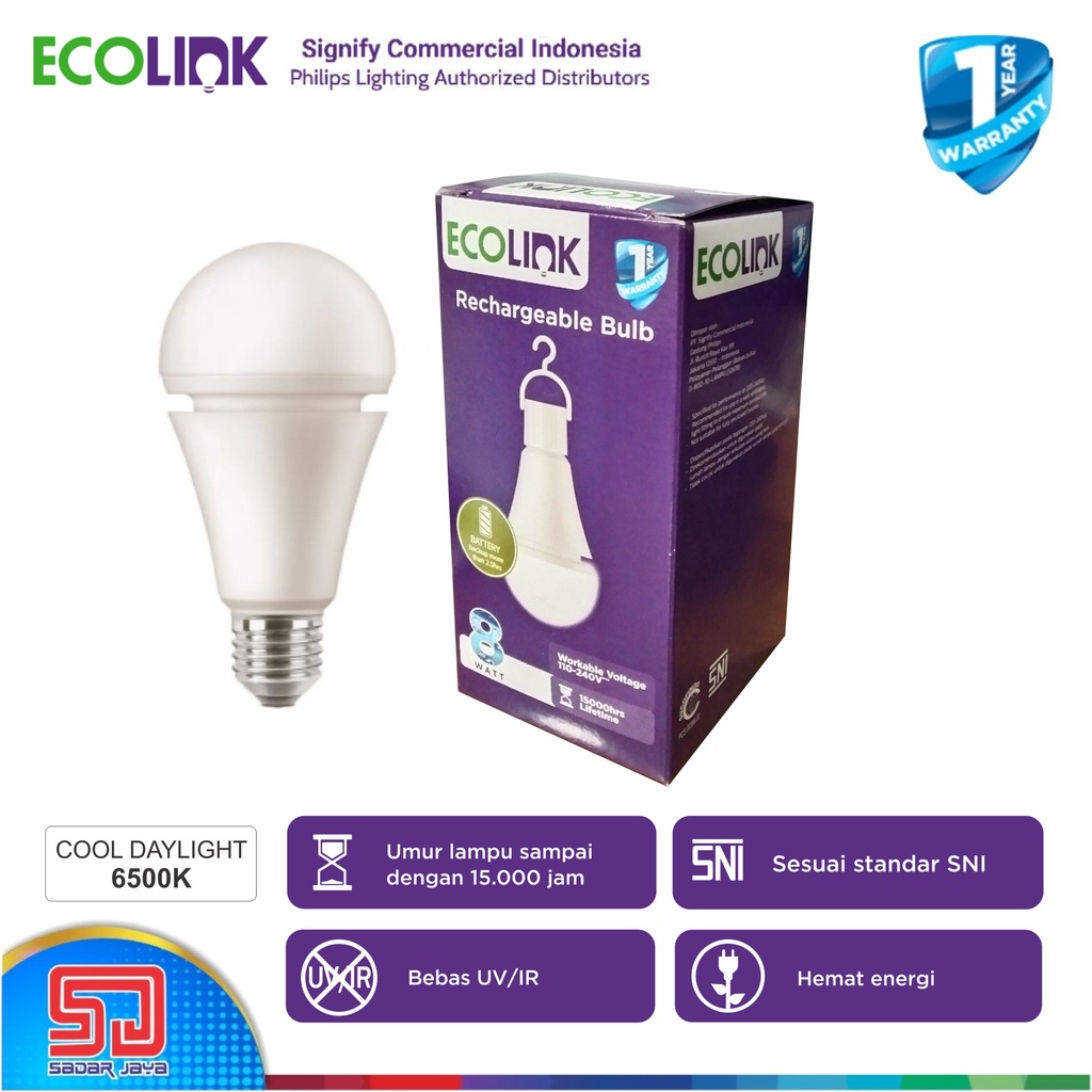 ECOLINK Lampu Emergency 8W LED Rechargeable 8Watt Bulb Bohlam Darurat 8 Watt - 6500K Cool White Putih