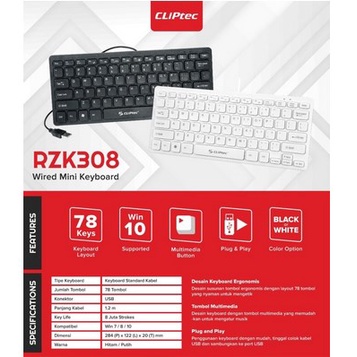 Keyboard Mini macbook laptop pc Multimedia Wired CLIPtec RZK308 RZK 308 RZK-308 original garansi 2 tahun Mulmed