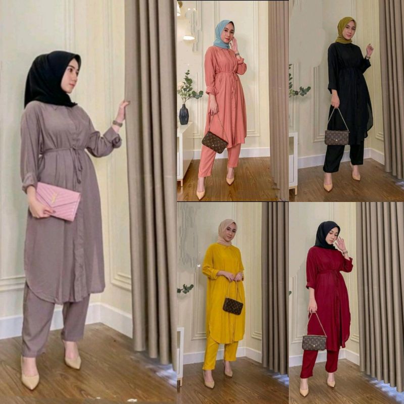 SETCEL SETELAN TUNIK PANJANG POLOS MURAH TERLARIS