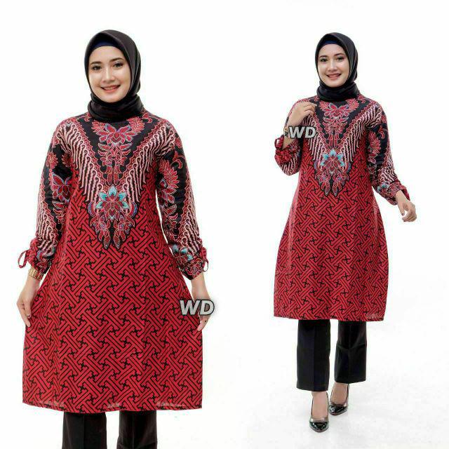 (COUPLE KELUARGA) Maura Couple - Sania Ruffle Batik Couple Ori Ndoro Jowi - BATA MERAH-TUNIK