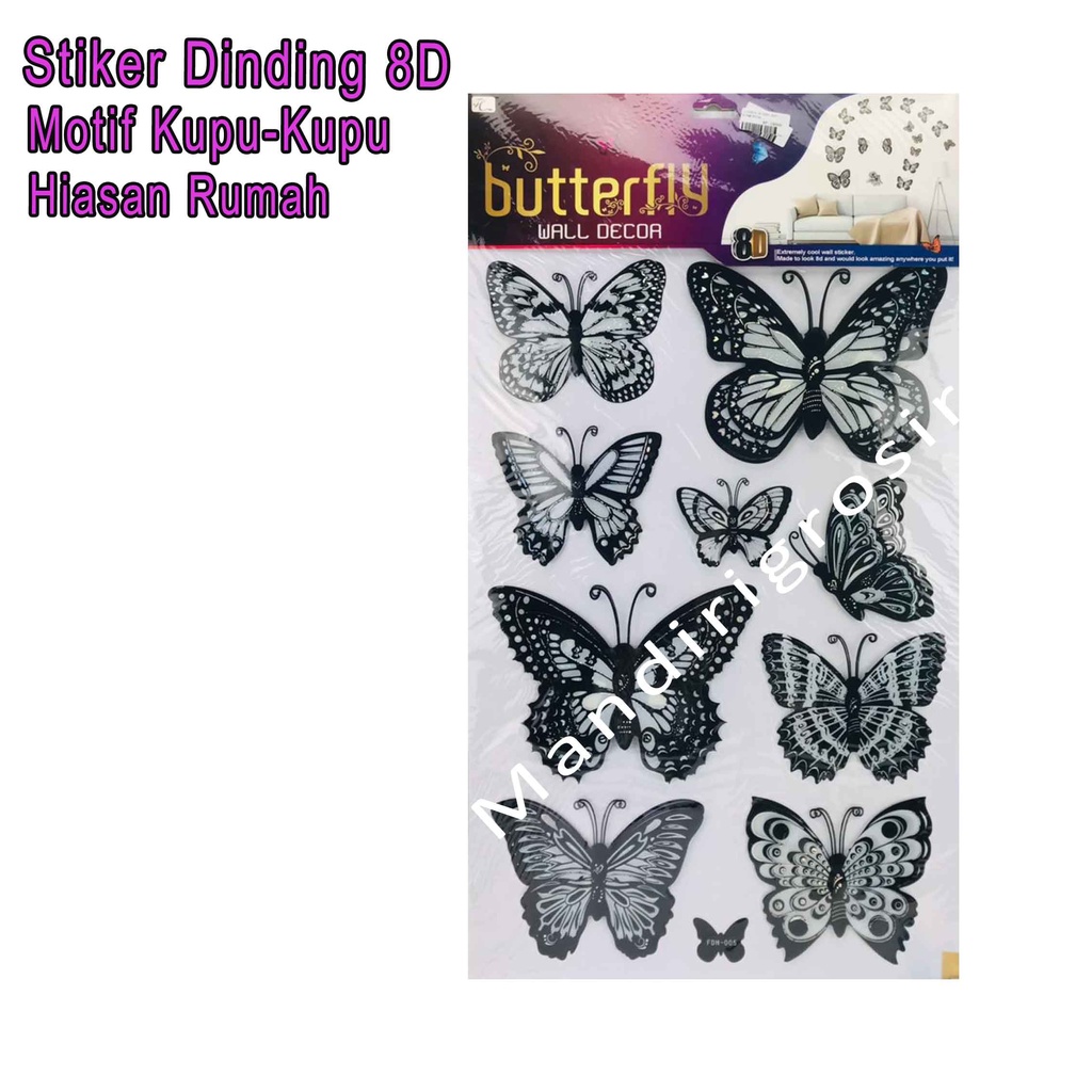 Stiker Dinding 8D *Stiker * Stiker Motif Kupu-Kupu * Hitam Putih