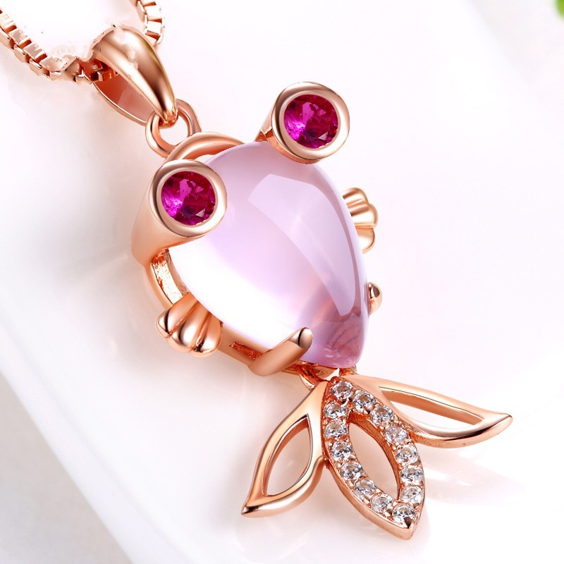 [Ready Stock]Fashion Rose Gold Plated Pink Crystal Small Goldfish Pendant Necklace