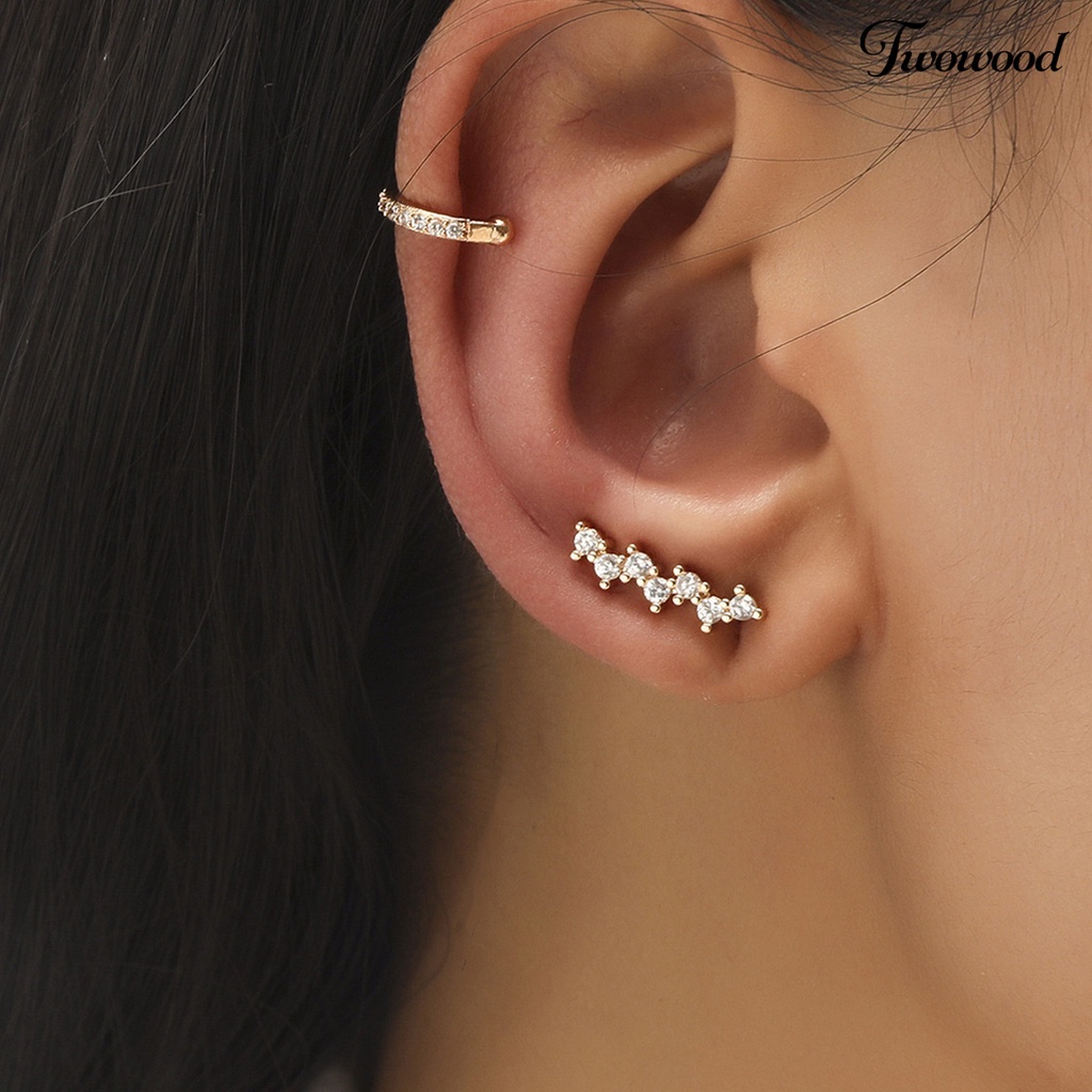 Twowood 2Pcs Clip Earrings C Shape Rhinestone Women Faux Pearls Geometry Stars Ear Cuffs Jewelry Accessories