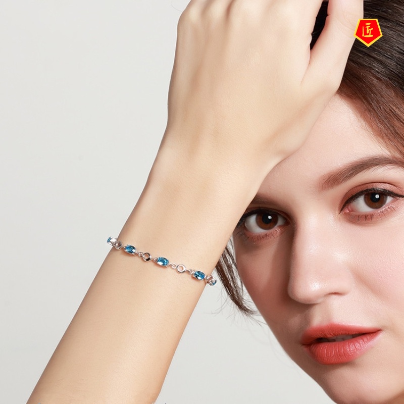 [Ready Stock]Inlaid Sea Blue Topaz S925 Silver Bracelet Female