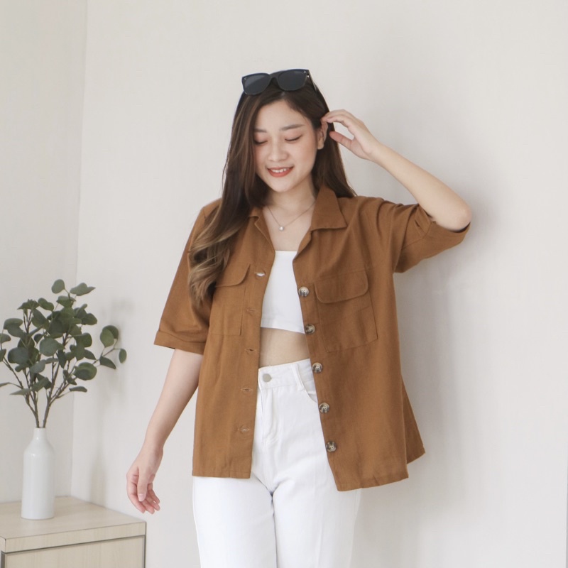 MSMO Somi Oversized Linen Shirt Outer / Atasan Wanita / Kemeja Wanita / Kemeja Linen / Top Wanita / Linen Shirt-Camel