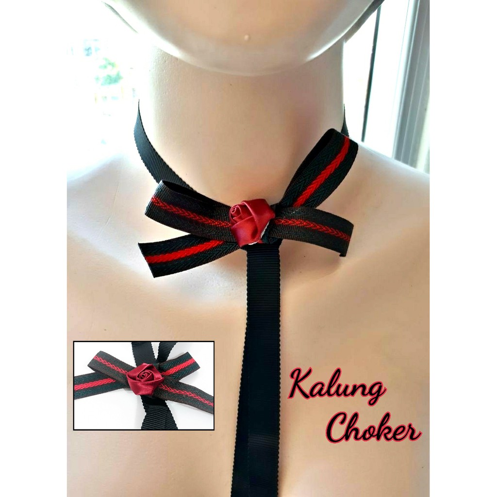 kalung choker pita mawar panjang