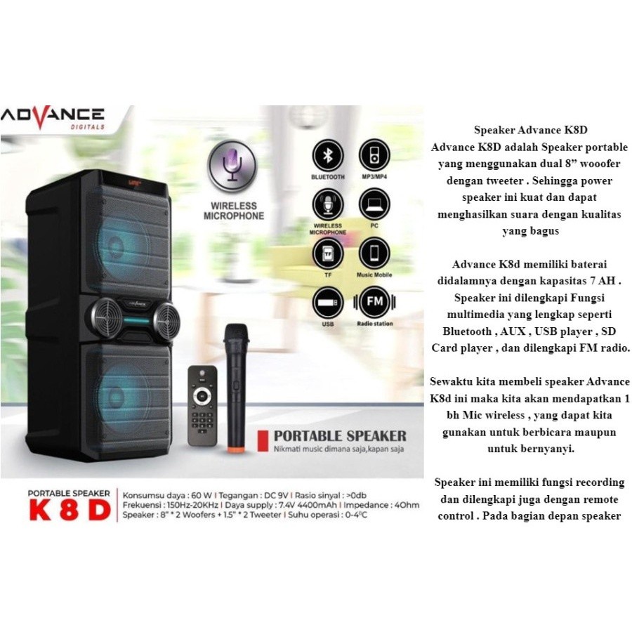 Advance K8D Speaker Meeting Portable Bluetooth Dual 8&quot; Double Woofer Free Mic